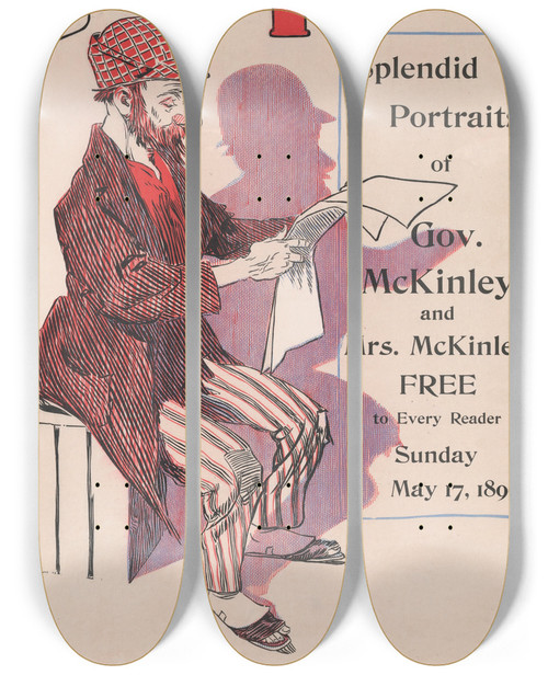 Triptych art skateboard deck of George Reiter Brill Philadelphia Sunday Press May 17 by George Reiter Brill (1867-1918)