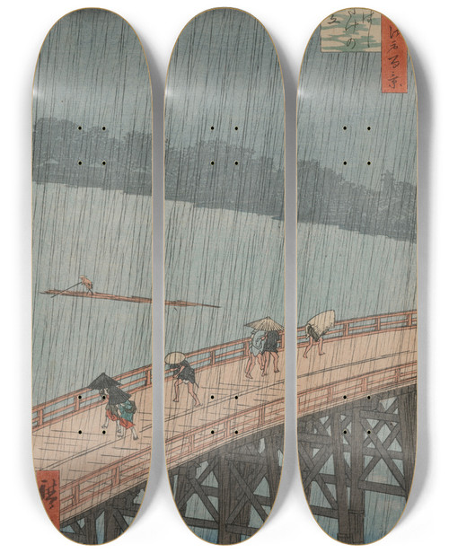 Triptych art skateboard deck of And Hiroshige Sudden Shower Over Shinhashi Bridge And Atake From The Series One Hundred Famous Views Of Edo_1 by Ando Hiroshige (1797-1858)