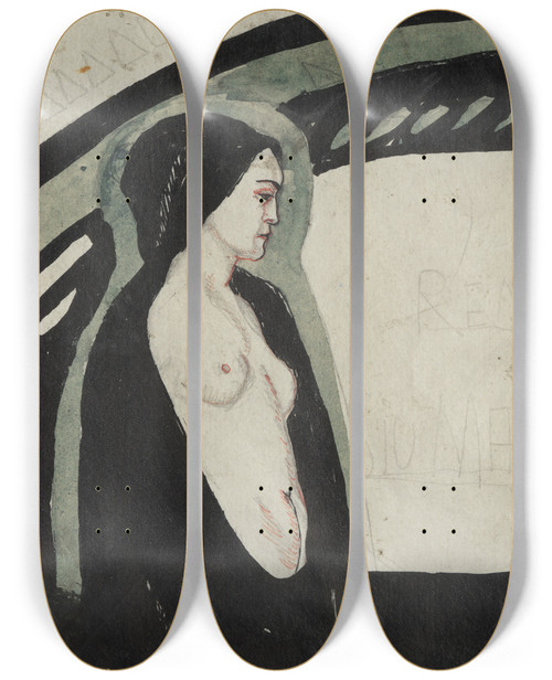 Triptych art skateboard deck of Axel Trneman Design For A Book Cover Sju Martyrer by Axel Torneman (1880-1925)