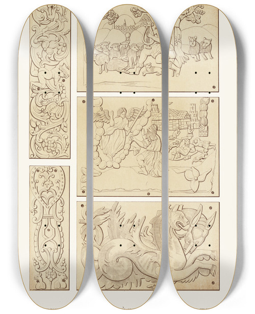 Triptych art skateboard deck of Fedor Grigoryevich Solntsev Ocherki Rezby Po Slonovoi Kosti Na Trone Ioanna Iii Izobrazhenie 6 by Fedor Grigoryevich Solntsev (1801-1892)