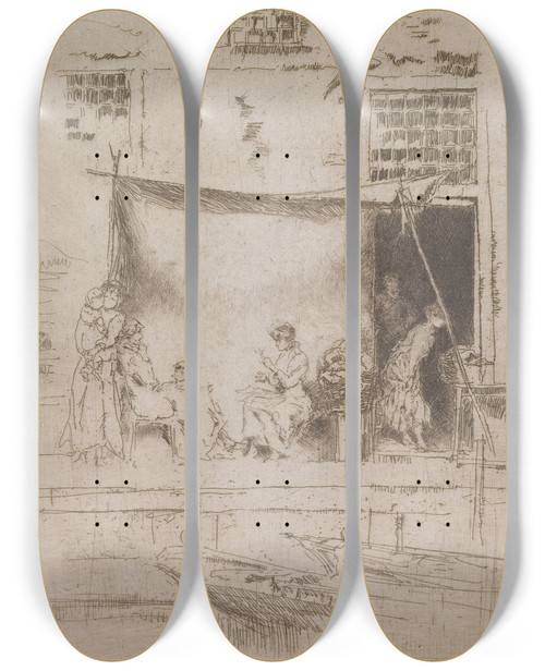 Triptych art skateboard deck of James Abbott Mcneill Whistler The Fruit Stall by James Abbott Mcneill Whistler (1834-1903)