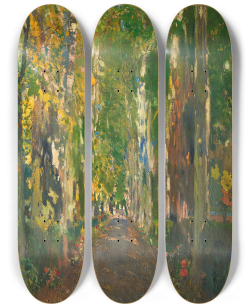 Triptych art skateboard deck of Joaquin Mir Trinxet Camino De La Casa Gell Santa Perpetua De La Mogoda The Path To Casa Gell by Joaquin Mir Trinxet (1873-1940)