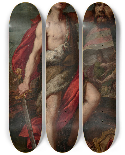Triptych art skateboard deck of Daniele Crespi David With The Head Of Goliath by Daniele Crespi (1597-1630)