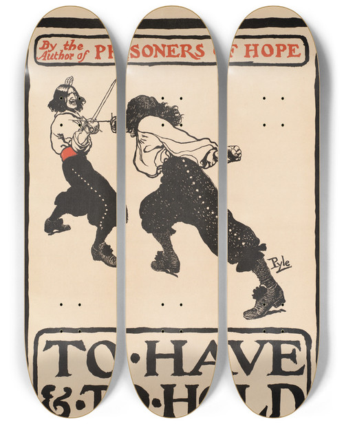 Triptych art skateboard deck of Howard Pyle To Have To Hold By Mary Johnston by Howard Pyle (1853-1911)