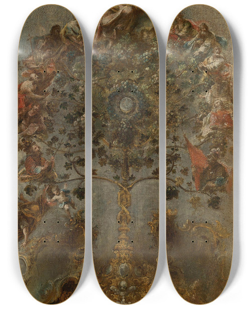Triptych art skateboard deck of Johann Wolfgang Baumgartner Design For A Monstrance With Grape Vines God The Father And Other Figures by Johann Wolfgang Baumgartner (1712-1761)