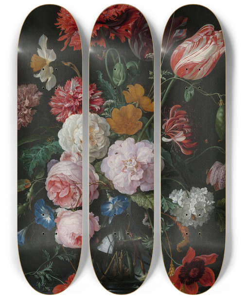 Triptych art skateboard deck of Jan Davidsz De Heem Still Life With Flowers In A Glass Vase by Jan Davidsz de Heem (1606-1684)