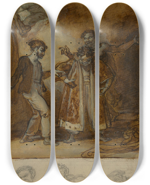 Triptych art skateboard deck of Robert Smirke Stephano Trinculo And Caliban With Prosperos Magic Wardrobe by Robert Smirke (1752-1845)