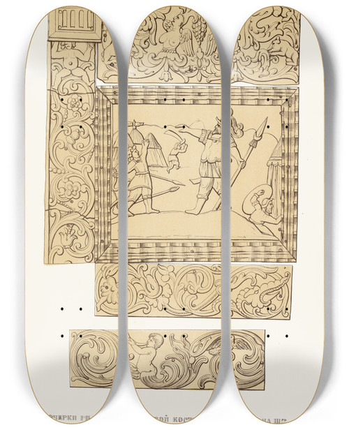 Triptych art skateboard deck of Fedor Grigoryevich Solntsev Ocherki Rezby Po Slonovoi Kosti Na Trone Ioanna Iii Izobrazhenie 9 by Fedor Grigoryevich Solntsev (1801-1892)