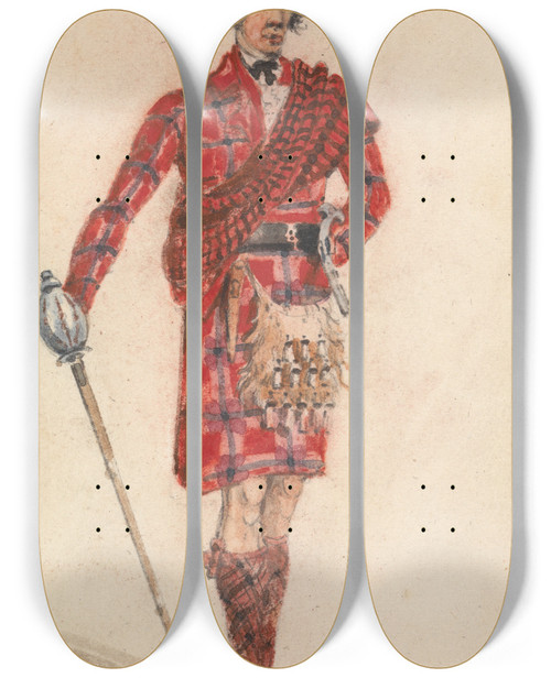 Triptych art skateboard deck of George Walker Scotsman With Sword Modern Dress Of A Highland Chieftan by George Walker (1781-1856)