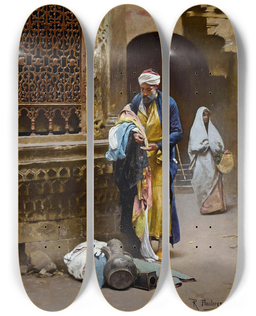 Triptych art skateboard deck of Raphael Von Ambros Merchant Before The Sabil Of Nafisa Albayda Cairo by Raphael Von Ambros (1855-1895)