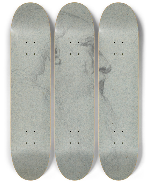 Triptych art skateboard deck of Alexandre Bida Head Of A Bearded Man Looking Right by Alexandre Bida (1823-1895)