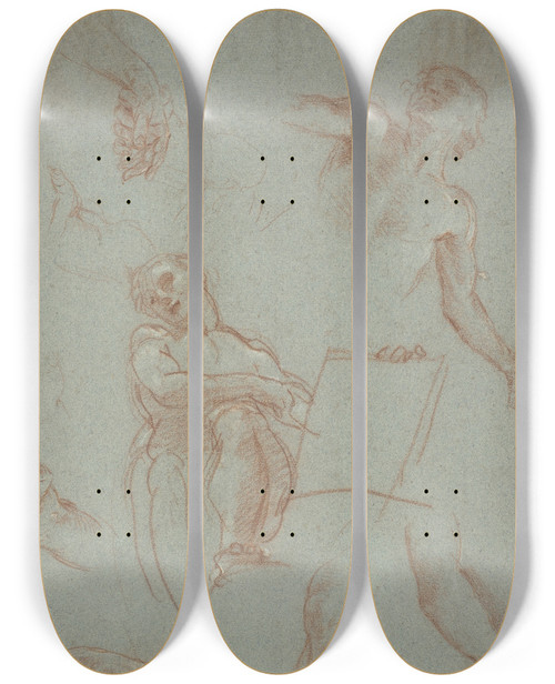 Triptych art skateboard deck of Agostino Masucci Sheet Of Studies With Figures Hands And Feet by Agostino Masucci (1692-1768)