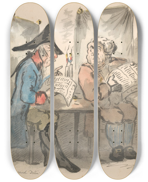 Triptych art skateboard deck of George Moutard Woodward The Oracle by George Moutard Woodward (1765-1809)