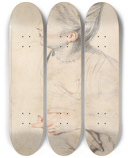 Triptych art skateboard deck of Jeanantoine Watteau Study Of A Womans Head And Hands by Jean-Antoine Watteau (1684-1721)