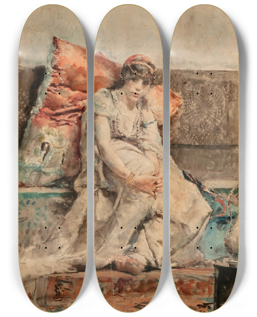 Triptych art skateboard deck of Jos Moreno Carbonero Odalisca by Jose Moreno Carbonero (1860-1942)
