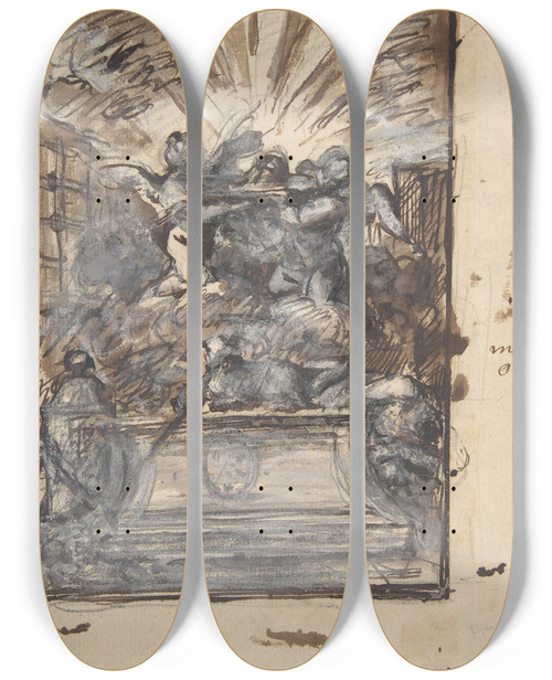 Triptych art skateboard deck of Gabriel De Saintaubin Design For A Monument by Gabriel de Saint-Aubin (1724-1780)