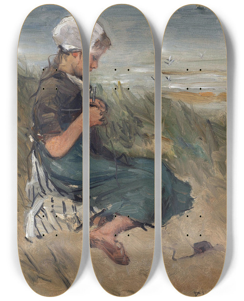 Triptych art skateboard deck of Bernardus Johannes Blommers Girl Knitting In The Dunes by Bernardus Johannes Blommers (1845-1915)