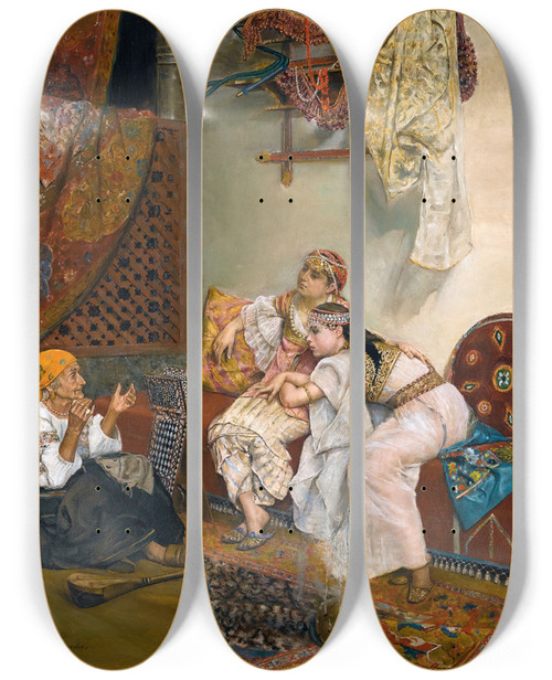 Triptych art skateboard deck of Ricardo Villegas Cordero The Storyteller by Ricardo Villegas Cordero (1849-1896)