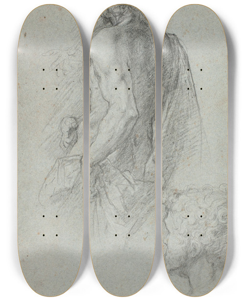 Triptych art skateboard deck of Hendrik Krock Draperet Mandlig Model Og Et Skgget Mandshoved by Hendrik Krock (1671-1738)