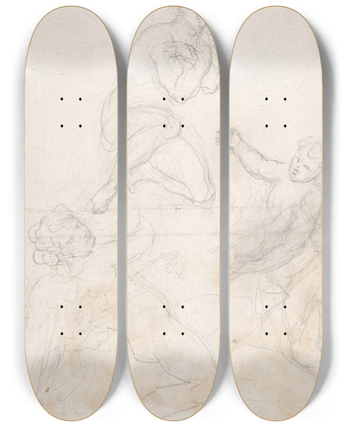 Triptych art skateboard deck of Georg Raphael Donner Kneeling Female Nude And Two Studies Of Angels by Georg Raphael Donner (1693-1741)