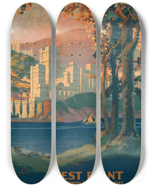 Triptych art skateboard deck of Frank Hazell West Point United States Military Academy In The Highlands Of The Hudson New York Central Lines by Frank Hazell (1883-1958)