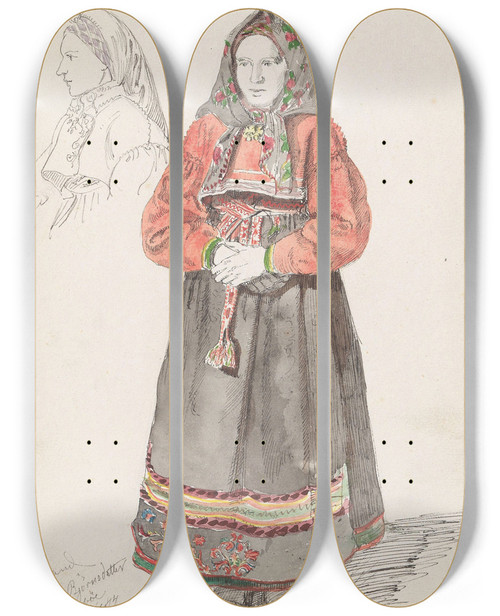 Triptych art skateboard deck of Adolph Tidemand Aslaug Bjrnsdatter Moseb Sauland by Adolph Tidemand (1814-1876)