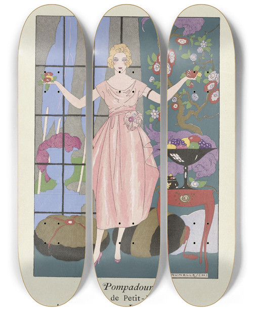 Triptych art skateboard deck of After Umberto Brunelleschi La Guirlande Nov 1919 Pompadour by After Umberto Brunelleschi (1879-1949)
