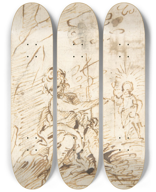 Triptych art skateboard deck of Pedro Duque Y Cornejo The Infant Saint John The Baptist With The Infant Christ In The Wilderness by Pedro Duque Y Cornejo (1677-1757)