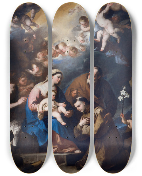 Triptych art skateboard deck of Luca Giordano The Holy Family Venerated By St Anthony Of Padua by Luca Giordano (1634-1705)
