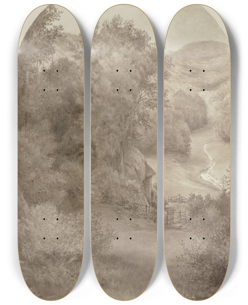 Triptych art skateboard deck of Wilhelm Steinhausen Brun In Front Of His Hermitage by Wilhelm Steinhausen (1846-1924)
