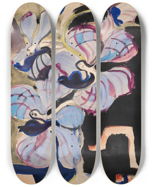 Triptych art skateboard deck of Ernst Ludwig Kirchner Stillleben Mit Orchideen Tanzende Traumwesen by Ernst Ludwig Kirchner (1880-1938)