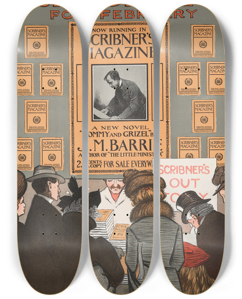 Triptych art skateboard deck of James Matthew Barrie Scribners For February by James Matthew Barrie (1860-1937)