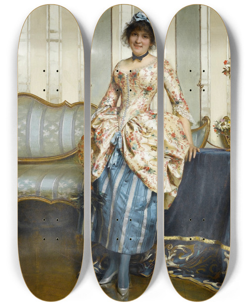Triptych art skateboard deck of Frdric Soulacroix An Elegant Maid by Frederic Soulacroix (1858-1933)
