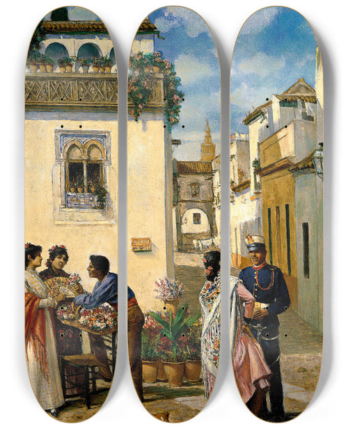 Triptych art skateboard deck of Joaqun Turina Y Areal Sevillian Square by Joaquin Turina Y Areal (1847-1903)