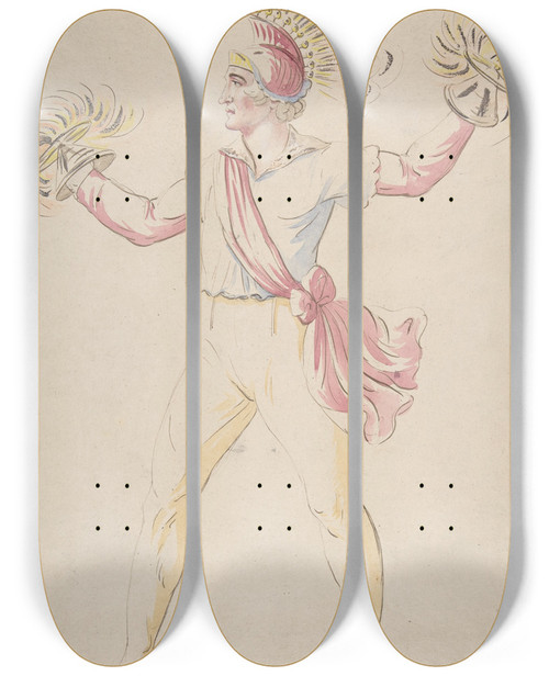 Triptych art skateboard deck of Abrahamlouisrodolphe Ducros Franconi Twirling Flaming Cones by Abraham-Louis-Rodolphe Ducros (1748-1810)