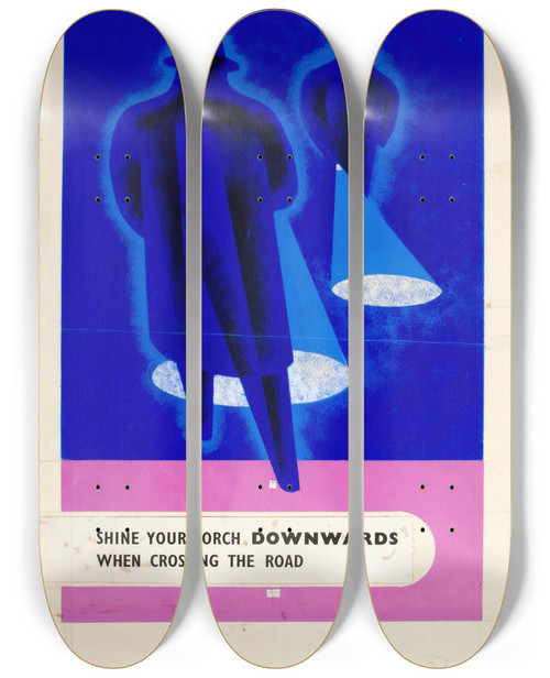 Triptych art skateboard deck of Tom Gentleman Shine Your Torch Downwards When Crossing The Road by Tom Gentleman (1892-1966)