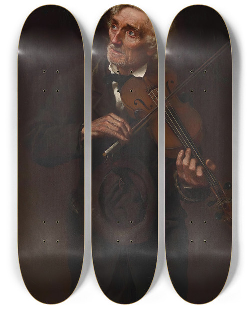 Triptych art skateboard deck of John George Brown A Merry Air And A Sad Heart by John George Brown (1831-1913)