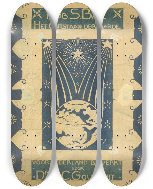 Triptych art skateboard deck of Reinier Willem Petrus De Vries Rob S Ball Het Ontstaan Der Aarde by Reinier Willem Petrus De Vries (1874-1952)