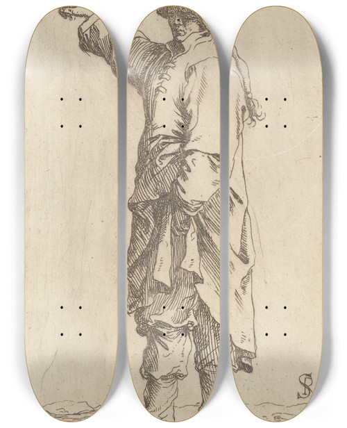 Triptych art skateboard deck of Salvator Rosa Man Standing With Arm Raised Pointing Toward The Left by Salvator Rosa (1615-1673)