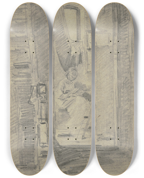 Triptych art skateboard deck of Anton Burger Blick In Des Knstlers Atelier by Anton Burger (1824-1905)