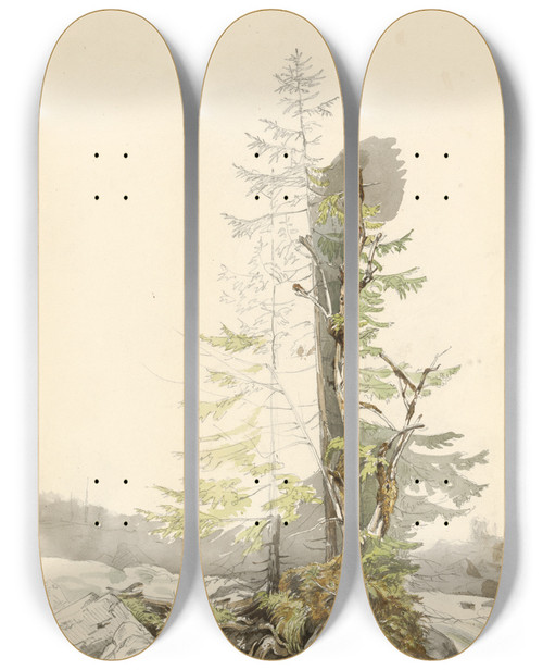 Triptych art skateboard deck of Carl Morgenstern A Clump Of Trees By A Rocky Stream In The Ramsau by Carl Morgenstern (1811-1893)