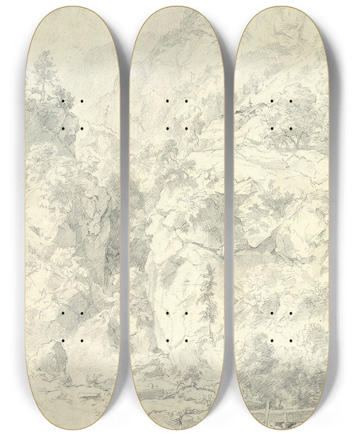 Triptych art skateboard deck of Andreas Achenbach Mountainous Landscape by Andreas Achenbach (1815-1910)