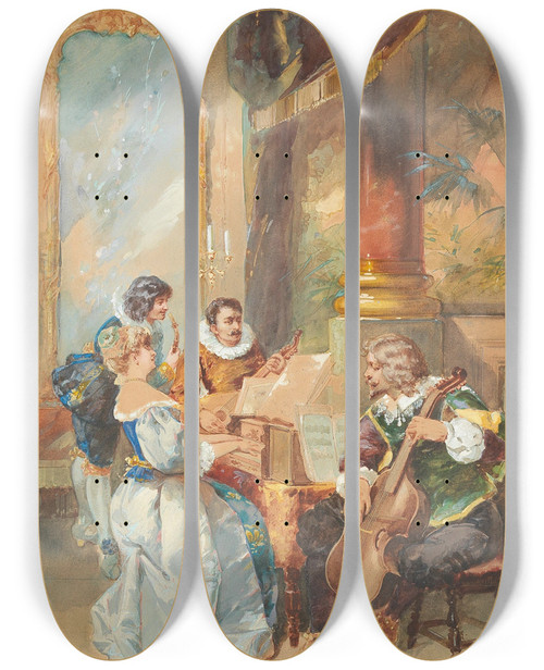 Triptych art skateboard deck of Johann Hamza Music Making In The House A Quartet In A Baroque Ambiance by Johann Hamza (1850-1927)