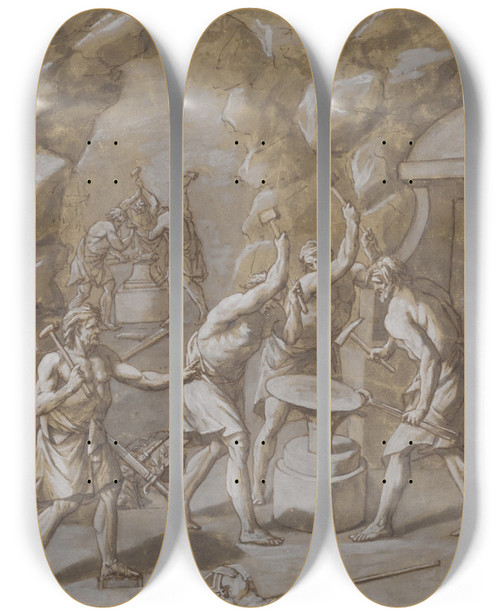 Triptych art skateboard deck of John Michael Rysbrack The Forge Of Vulcan by John Michael Rysbrack (1694-1770)