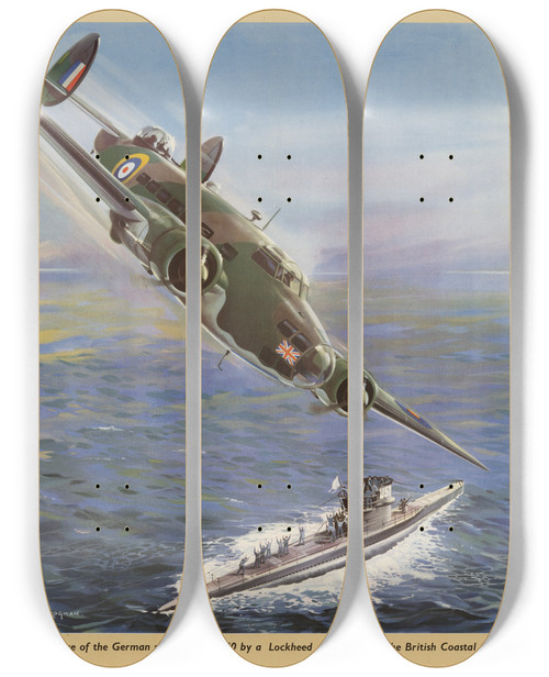 Triptych art skateboard deck of W Krogman The Capture Of The German Submarine U 570 By A Lockheed Hudson Of The British Coastal Command Back Them Up by W Krogman (20-) Triptych art skateboard deck of W Krogman The Capture Of The German Submarine U 570 By A Lockheed Hudson Of The British Coastal Command Back Them Up by W Krogman (20-)