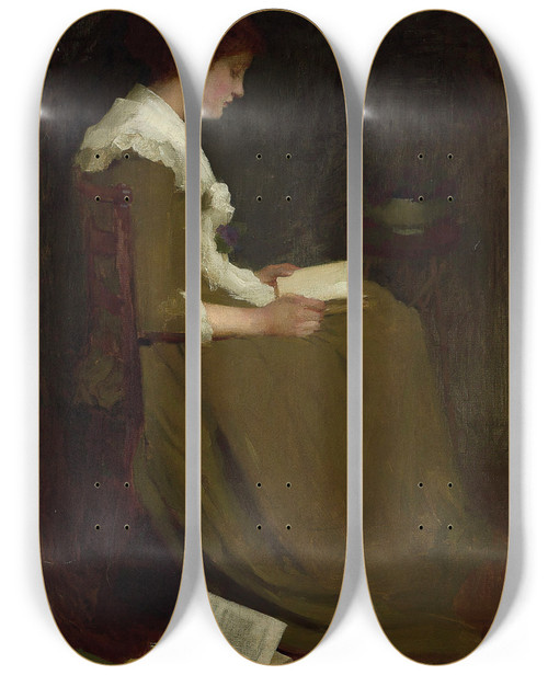 Triptych art skateboard deck of Isabel Codrington Girl Reading by Isabel Codrington (1874-1943)