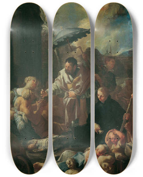Triptych art skateboard deck of Paul Troger Der Heilige Franz Xaver Unter Den Pestkranken In Goa by Paul Troger (1698-1762)
