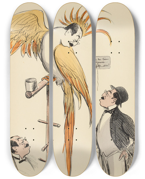 Triptych art skateboard deck of Georges Goursat Sem As Tu Bien Djeun Kokostia by Georges Goursat (Sem) (1863-1934)