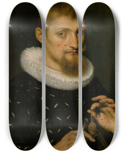 Triptych art skateboard deck of Peter Paul Rubens Portrait Of A Man Possibly An Architect Or Geographer by Peter Paul Rubens (1577-1640)