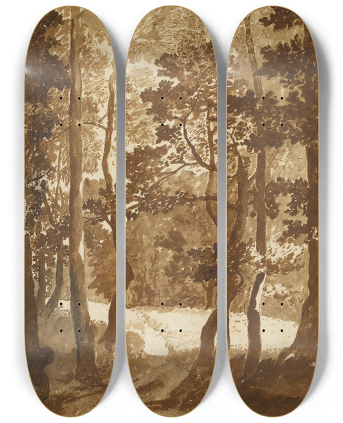 Triptych art skateboard deck of Nicolas Poussin A Path Leading Into A Forest Clearing by Nicolas Poussin (1594-1665)